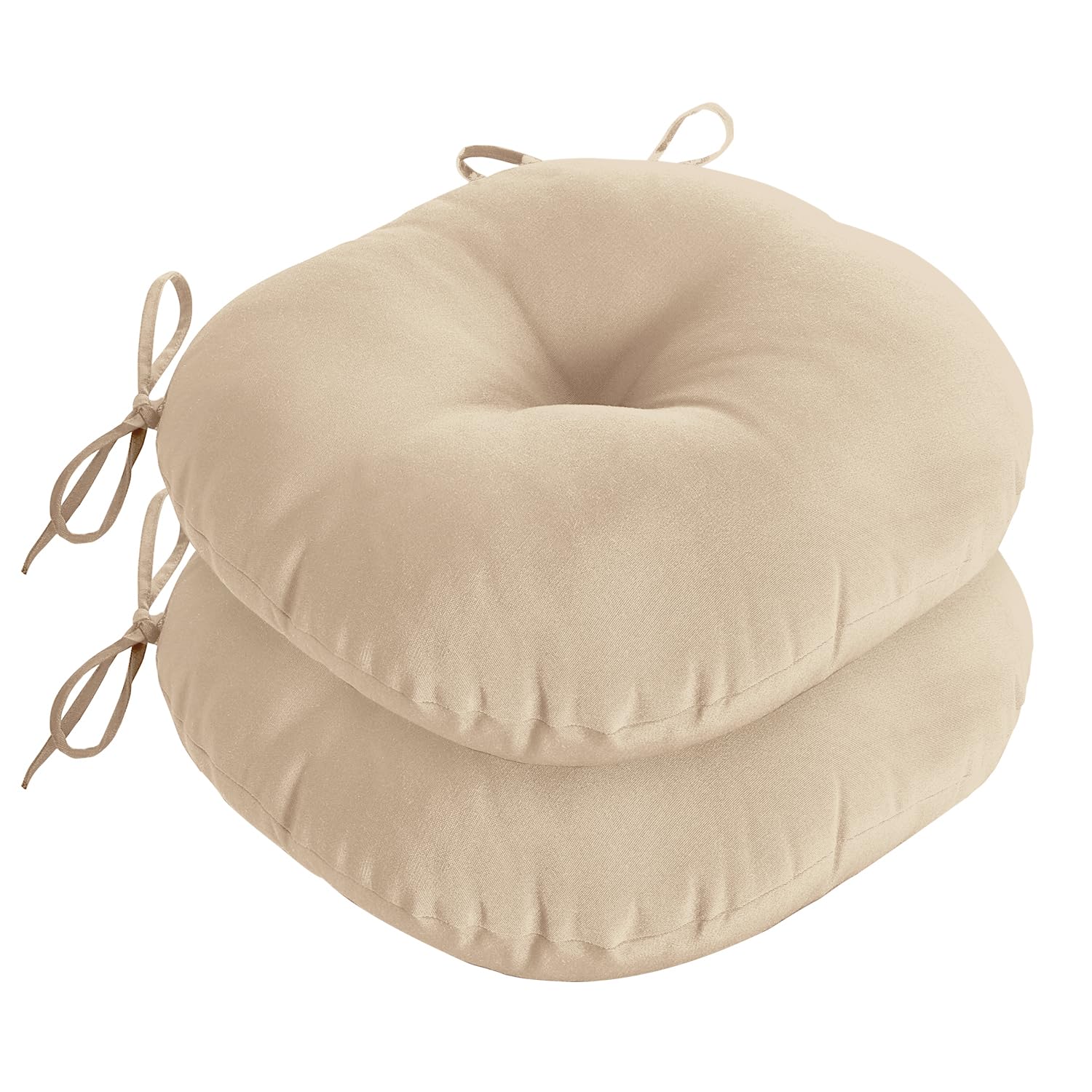 downluxe front view beige bistro cushions showing neat edges and round shape, adds curb appeal