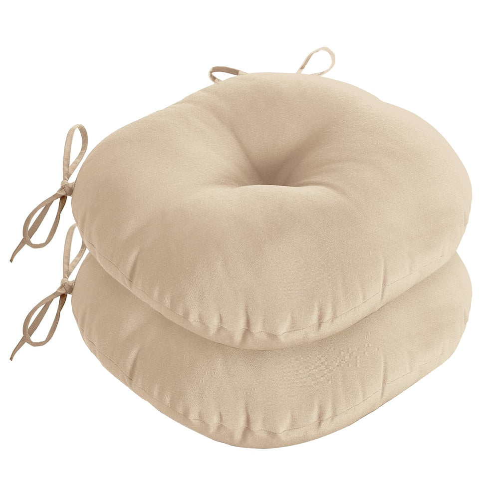 downluxe front view beige bistro cushions showing neat edges and round shape, adds curb appeal