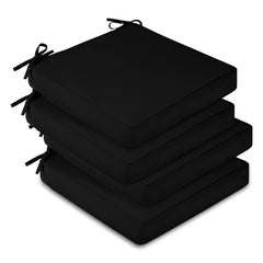 downluxe front view of four black outdoor cushions showing neat packaging and ready-to-use benefit