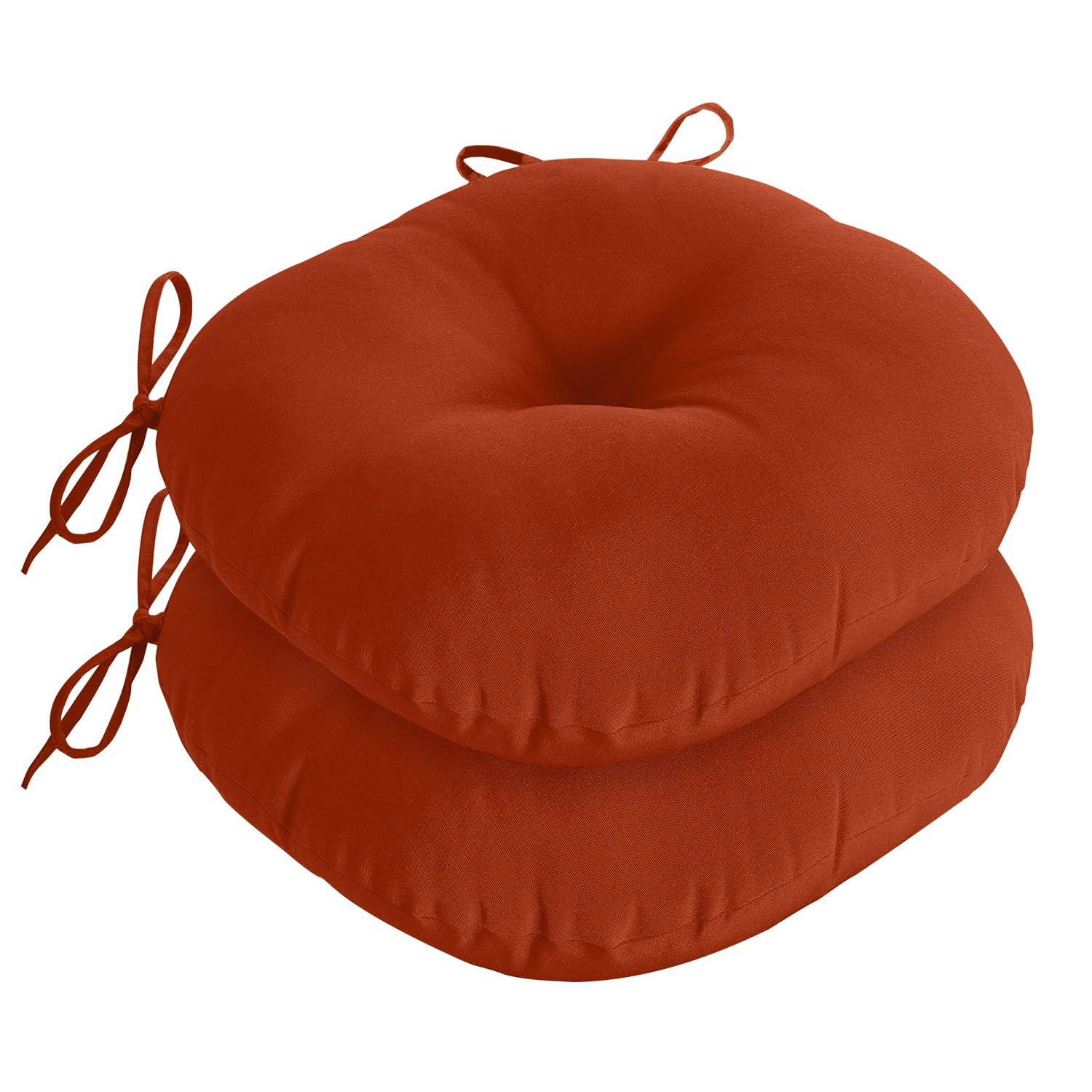 downluxe front view of two brick red round cushions showing shape and color for comfortable seating