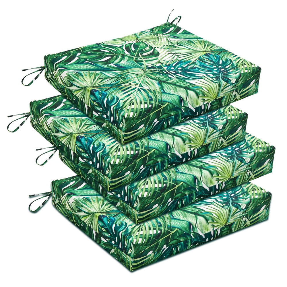 downluxe front view of four palm leaves cushions, shows pattern and neat fold for easy styling