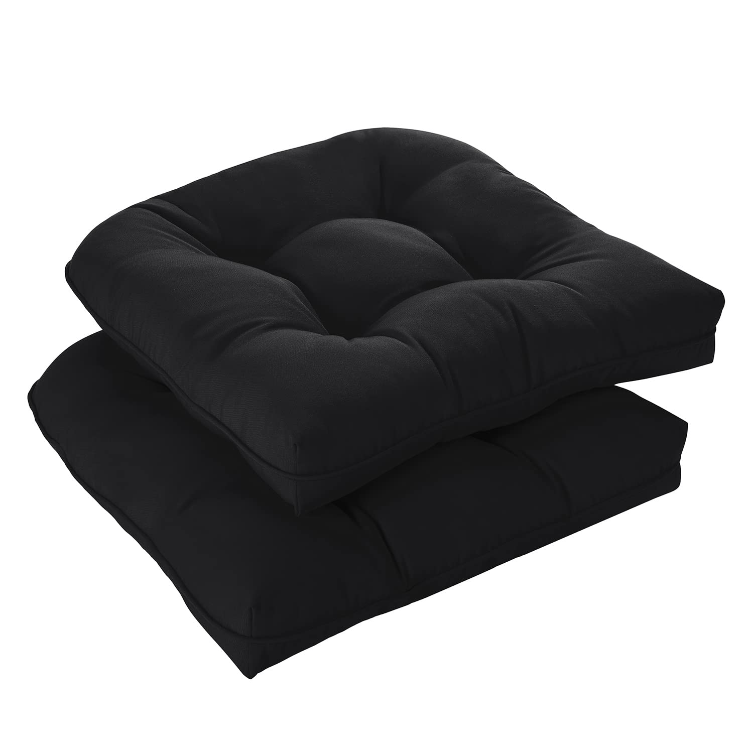 downluxe front view of two black patio cushions showing clean styling and comfort