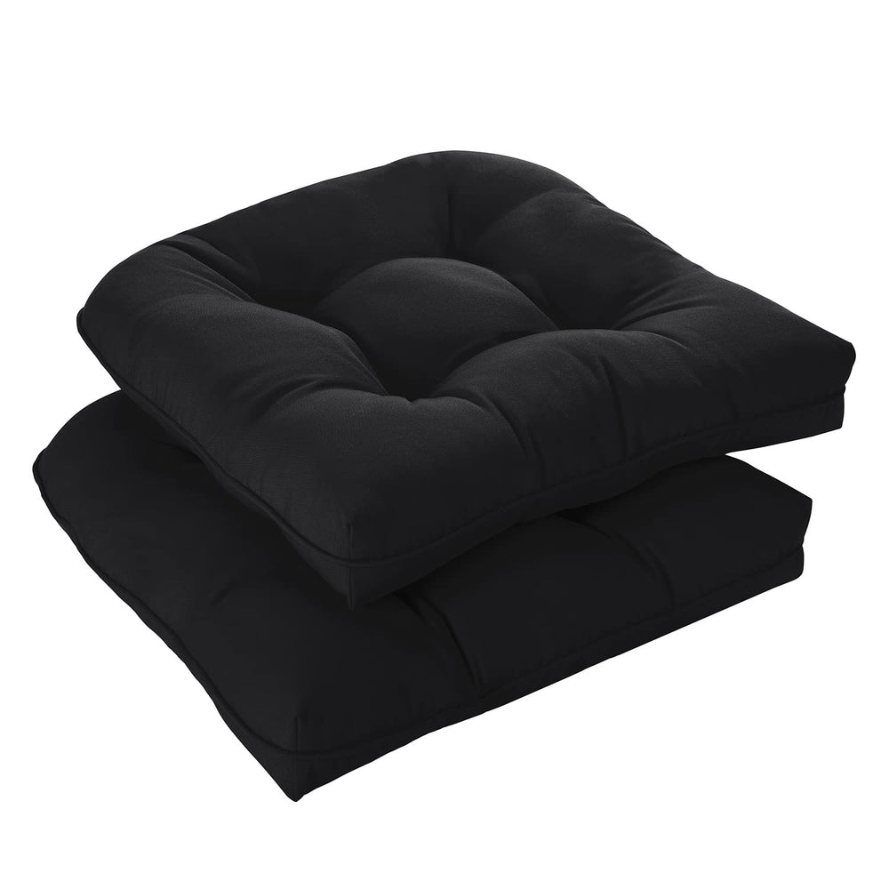 downluxe front view of two black patio cushions showing clean styling and comfort