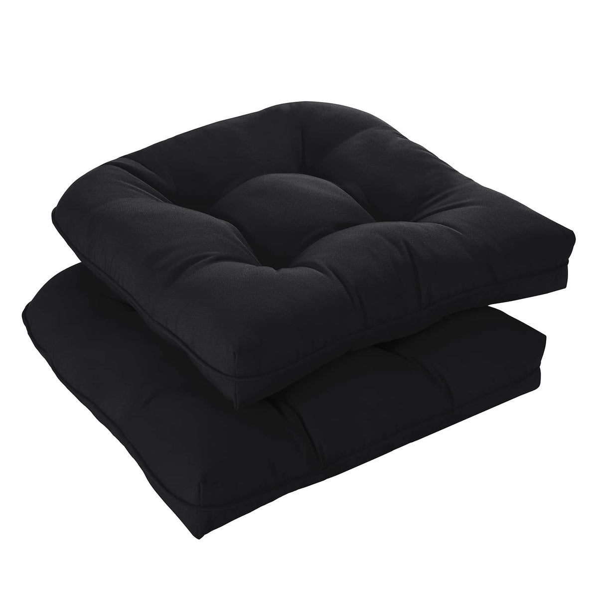 downluxe front view of two black patio cushions showing clean styling and comfort