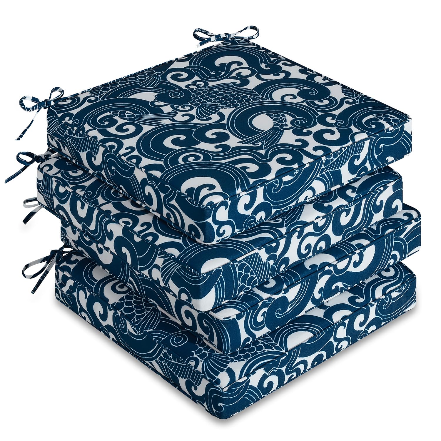 downluxe front view of four blue carp cushions showing design and set look