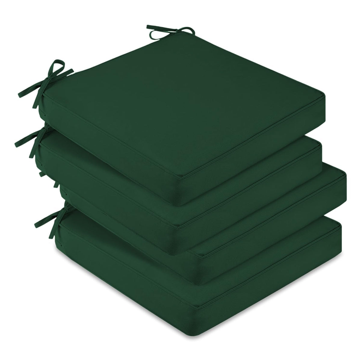 downluxe front view of four forest green cushions showing coordinated set and outdoor appeal