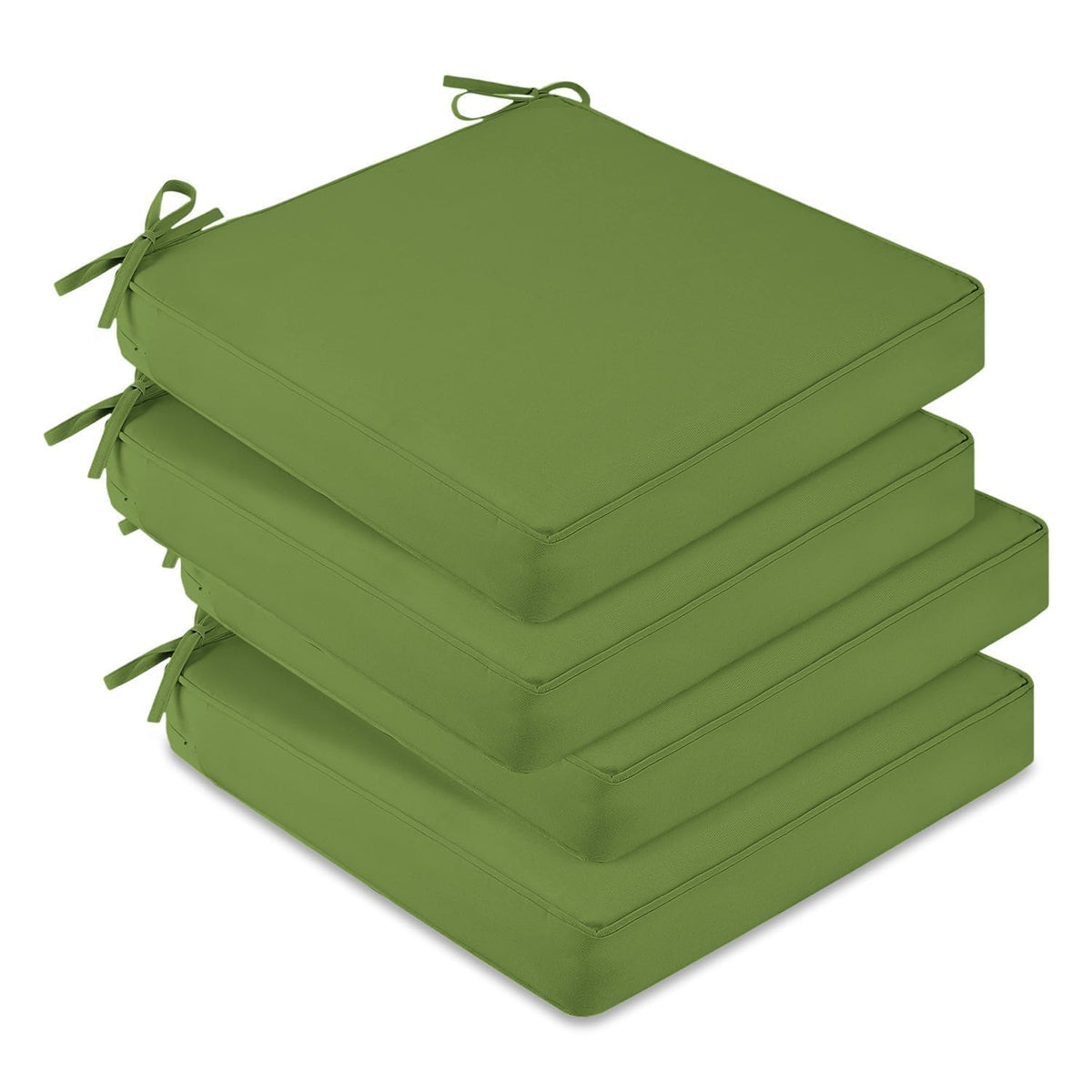 downluxe front view of four grass green cushions showing neat stack and packaging, durable comfort