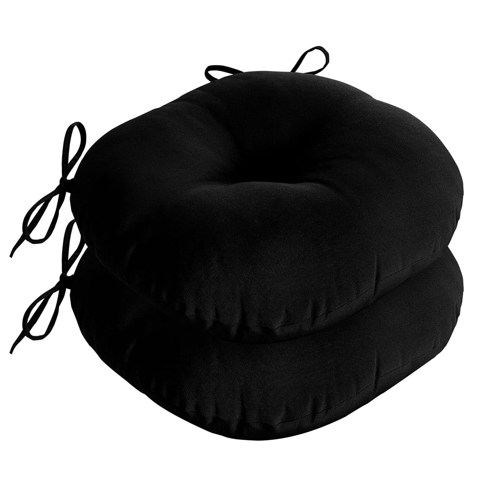 downluxe front view of two black round cushions showing clean styling and comfort