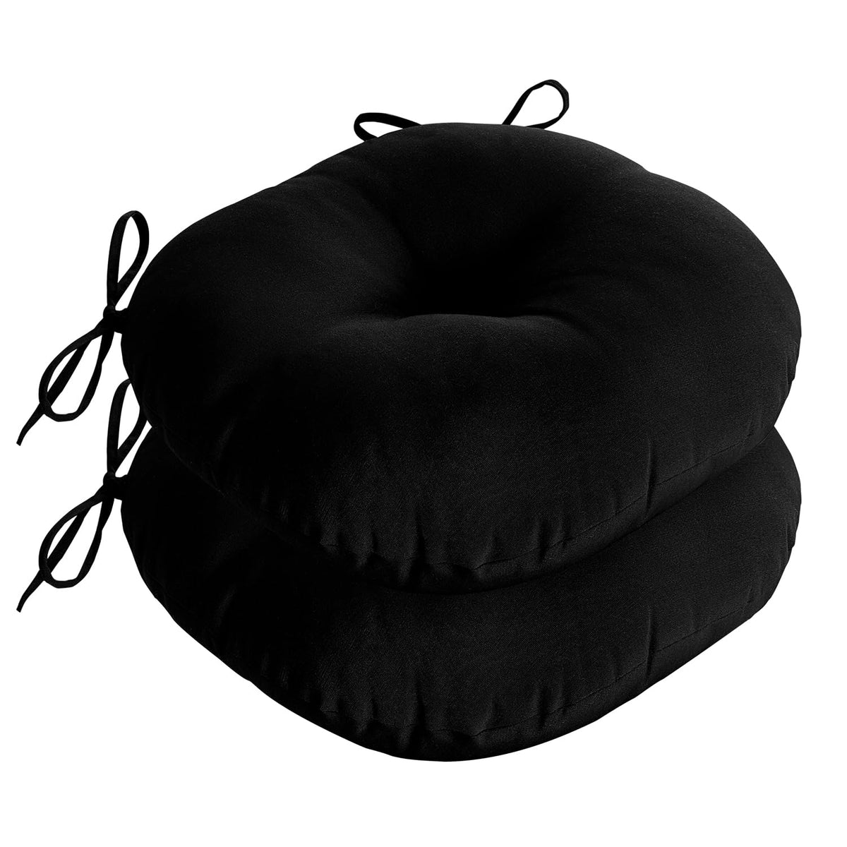 downluxe front view of two black round cushions showing clean styling and comfort