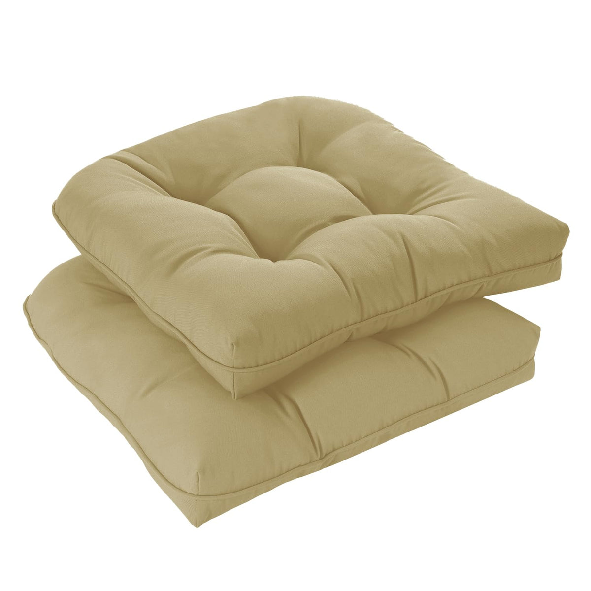 downluxe front view of two khaki cushions showing neat finish and comfort