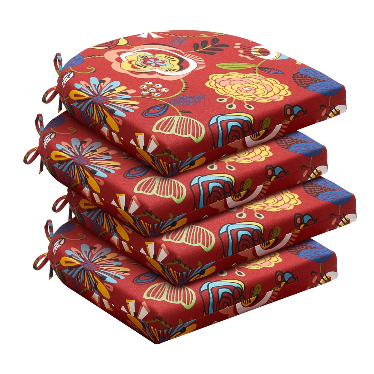 downluxe front view set of four cushions showing vibrant Sonia Scarlet and neat finish for instant patio uplift