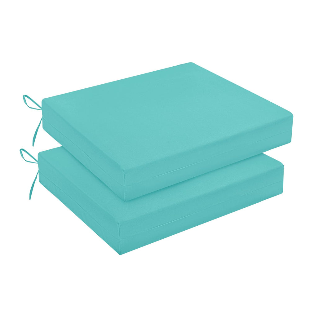 downluxe front view of teal outdoor chair cushions showing neat square corners and color
