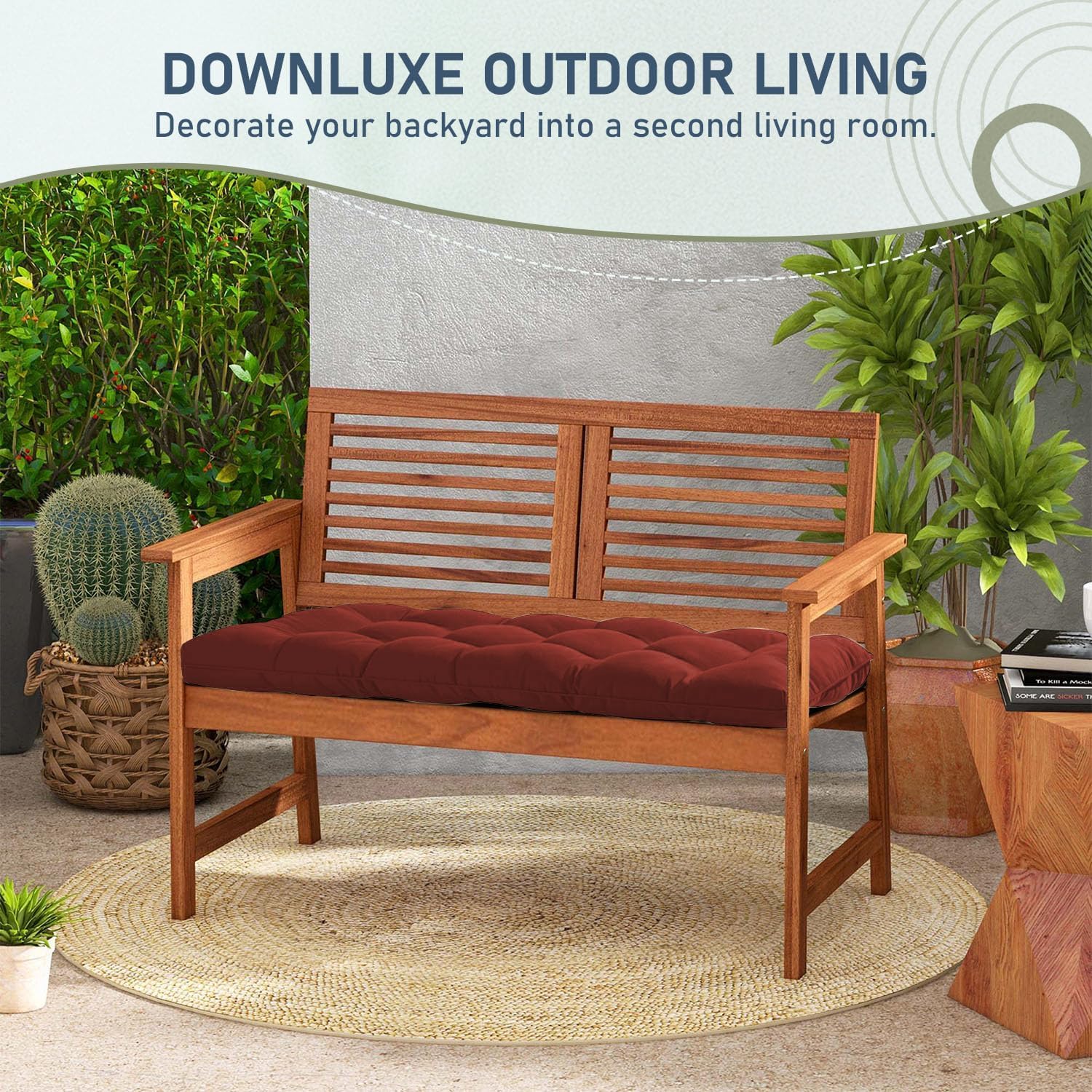 downluxe cushion in patio lifestyle scene adding color and durable style