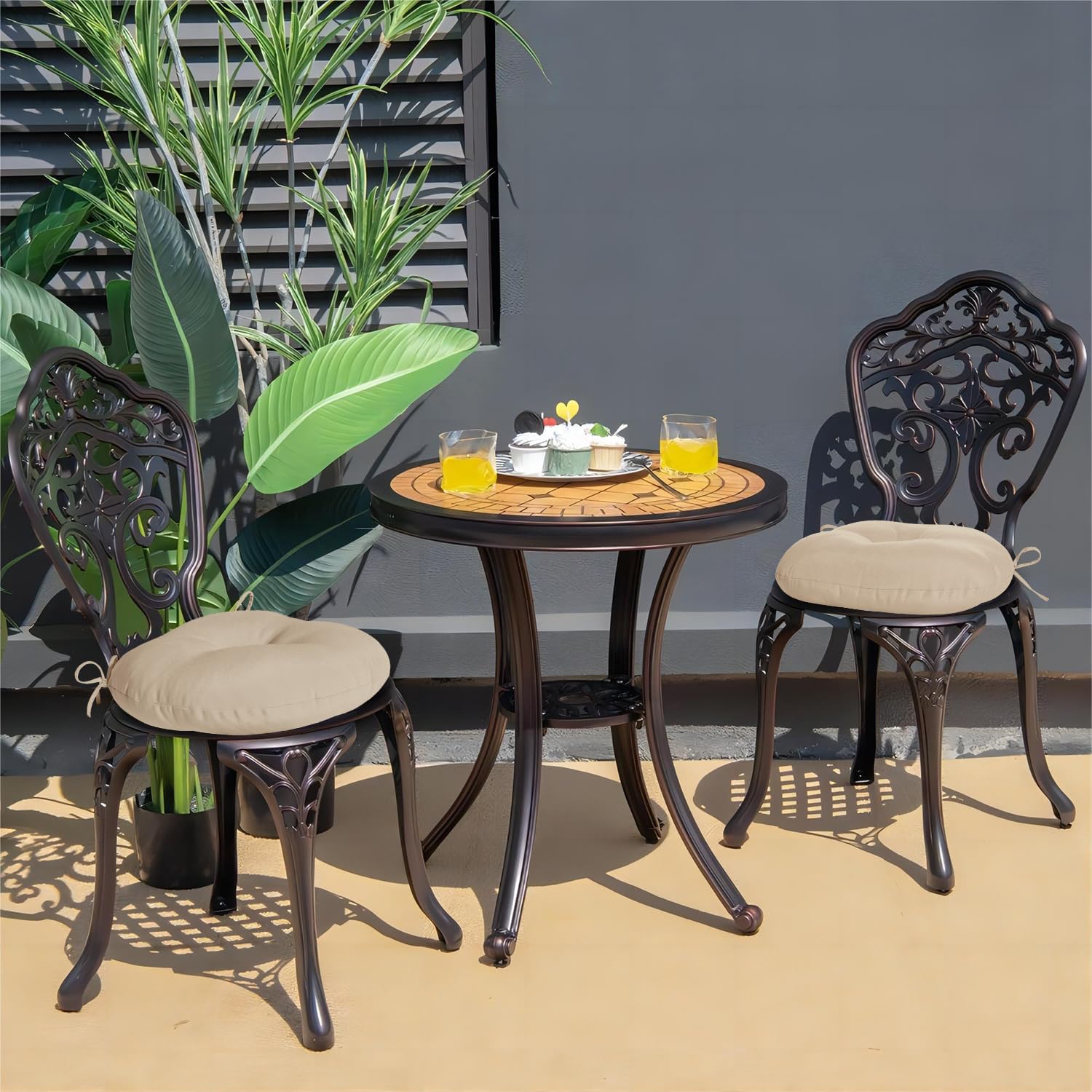 downluxe cushions on patio table and chairs, enhances outdoor seating comfort
