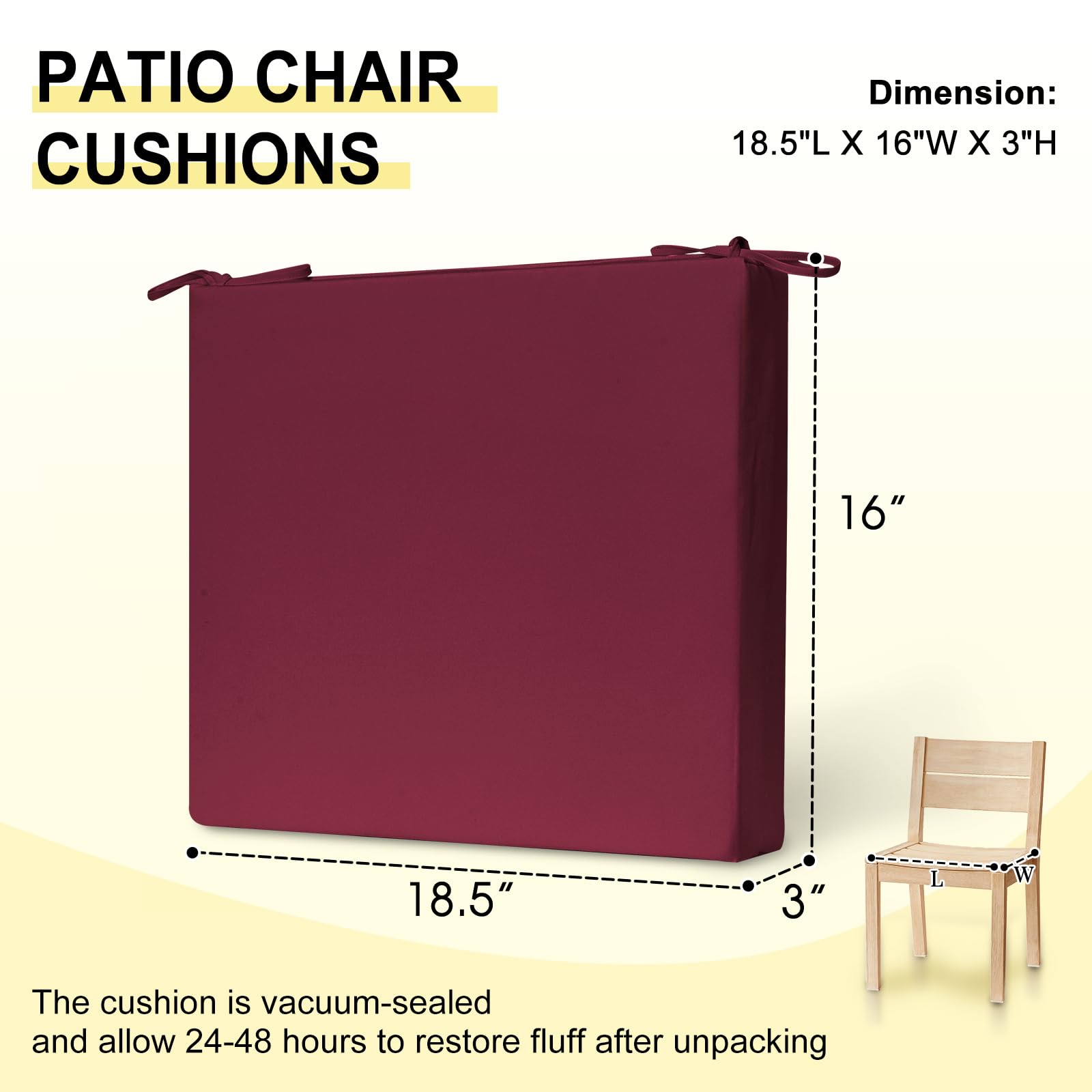 downluxe two cushions vacuum-packed stacked, eases shipping and restores loft after airing