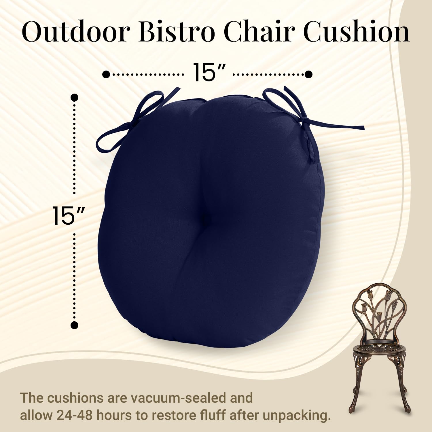 downluxe pair of navy cushions on bistro chairs illustrating improved comfort and style