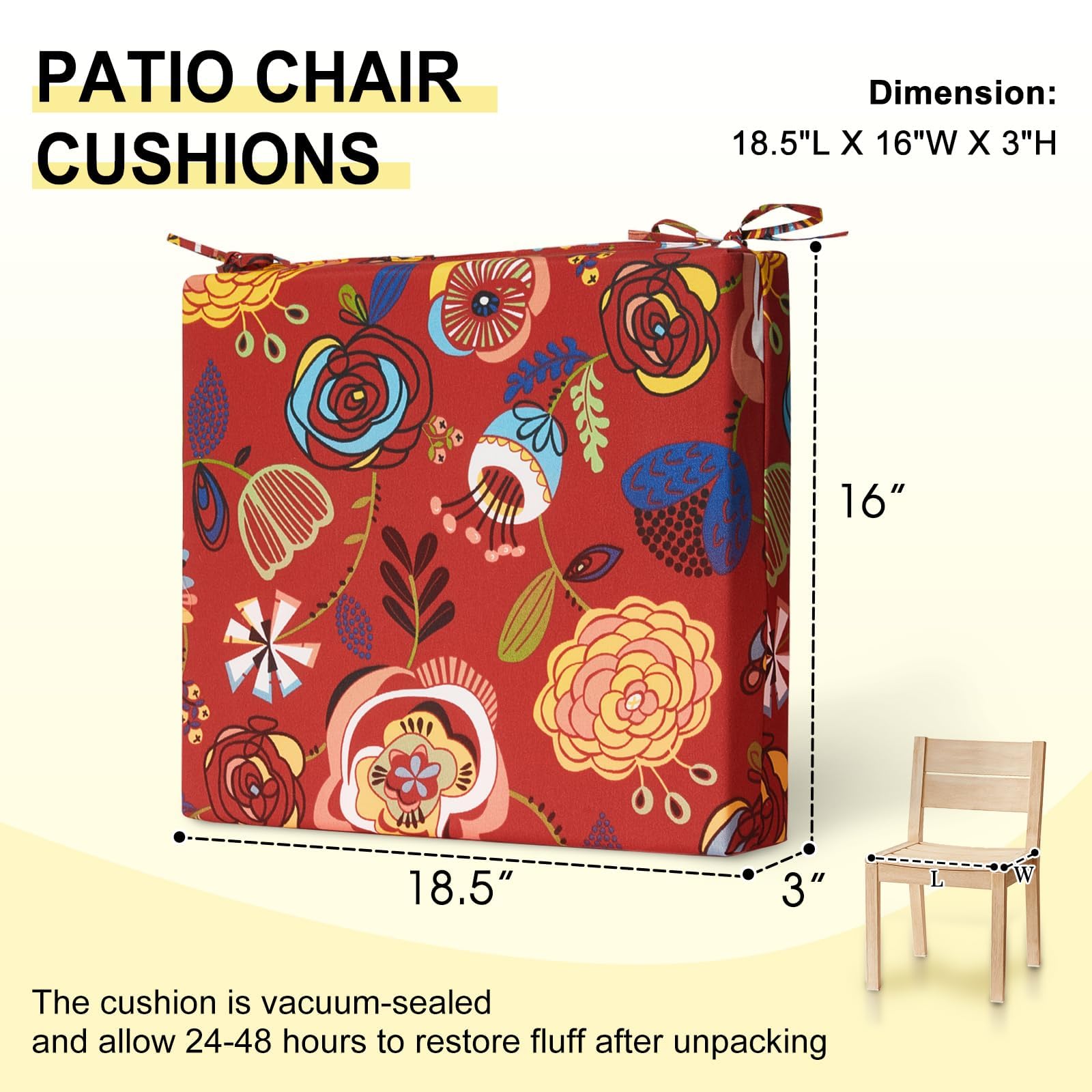 downluxe scale view comparing cushion size on a standard patio chair to show fit