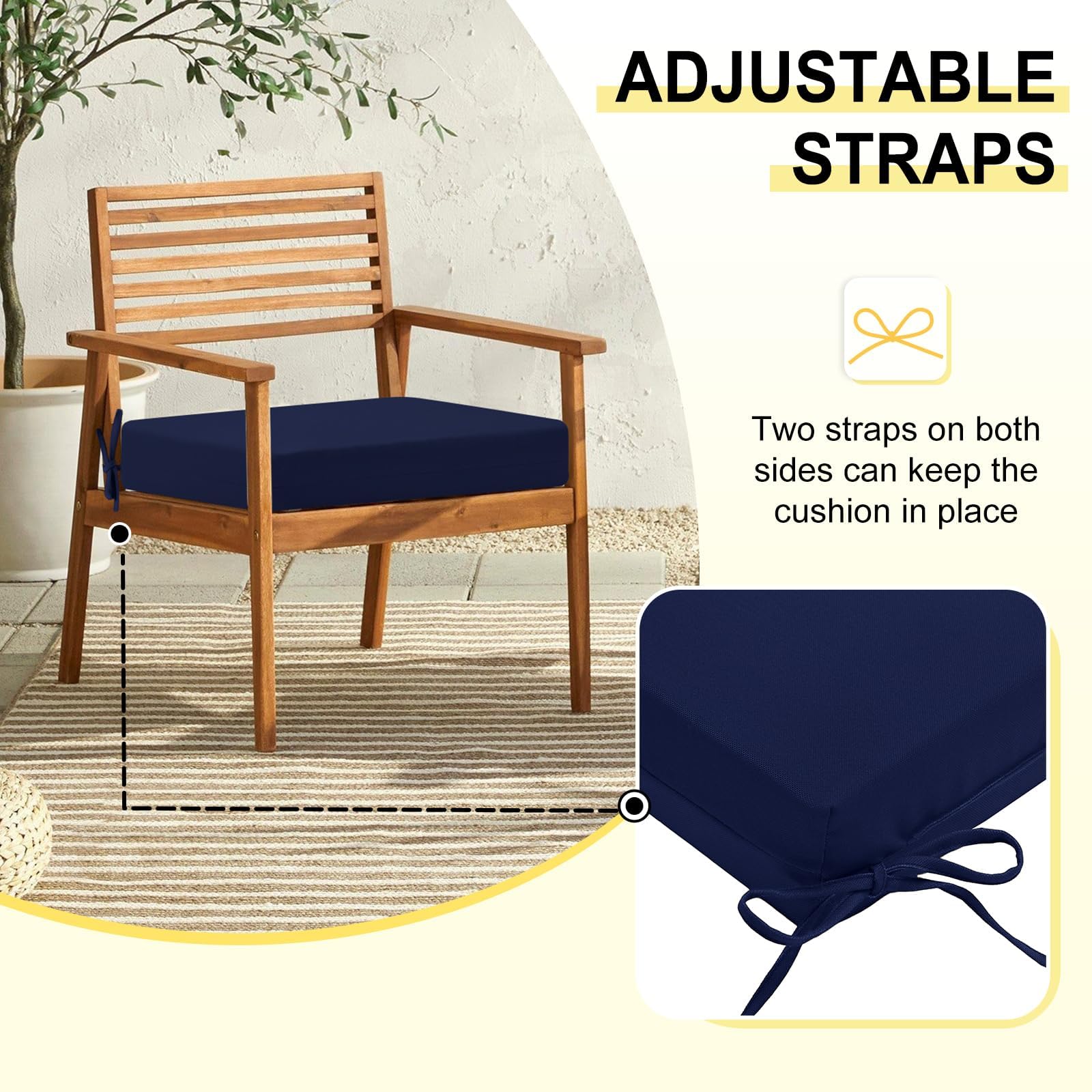 downluxe set of six navy cushions arranged together for cohesive outdoor seating