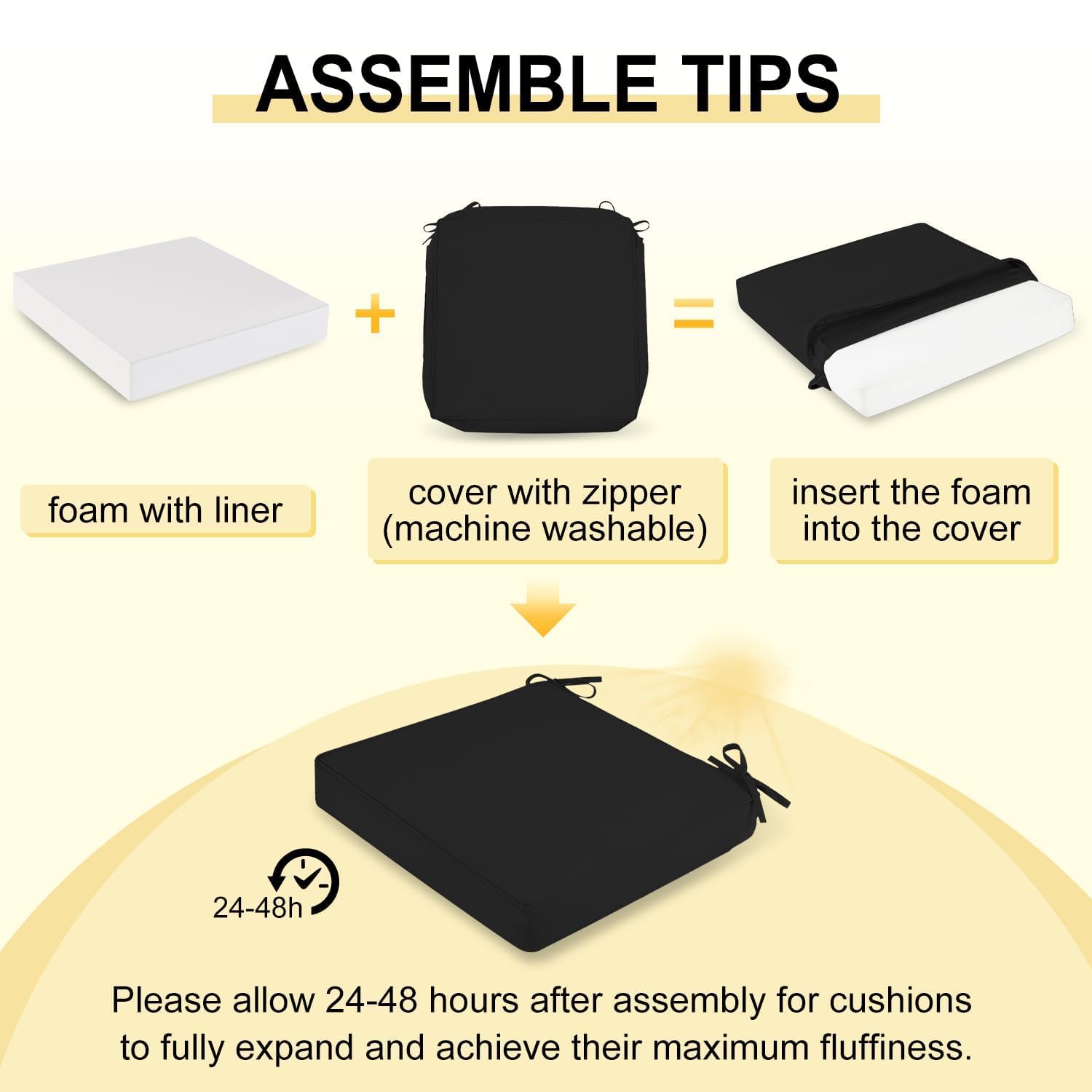 downluxe cushion beside ruler showing 19-inch square and 3-inch thickness for accurate sizing