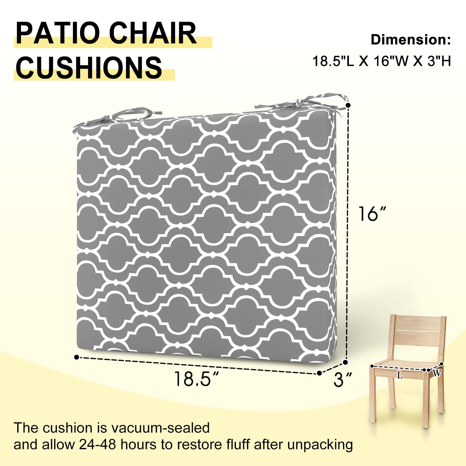 downluxe cushion next to chair illustrating 18.5x16x3 inch scale and correct sizing