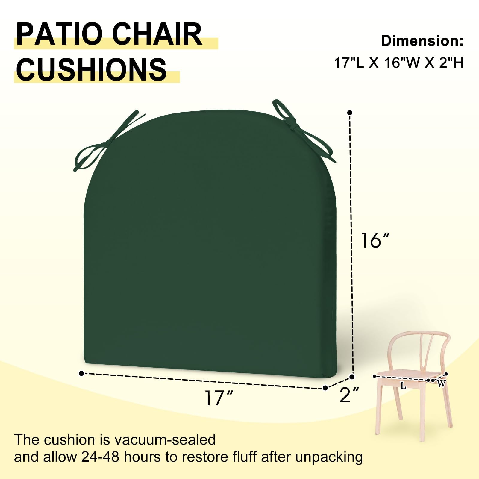 downluxe cushion next to chair for scale showing 17 by 16 by 2 inch fit on standard chairs
