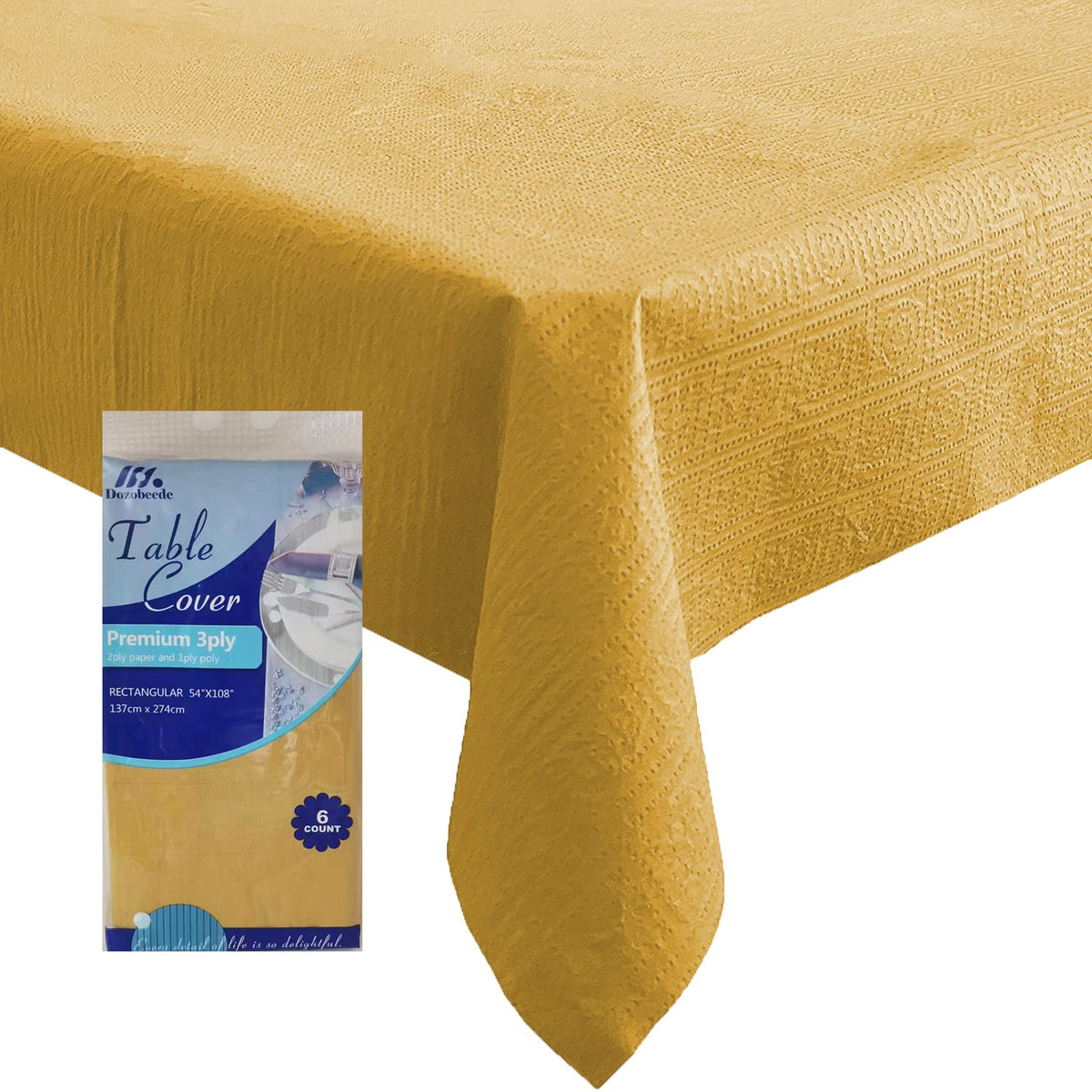 Dozobeede gold tablecloth front packaging showing six-pack benefit