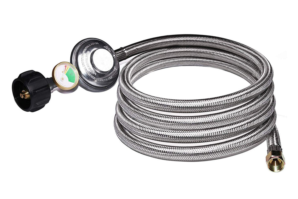 DOZYANT front view of regulator hose with gauge, shows durable connection and easy reading