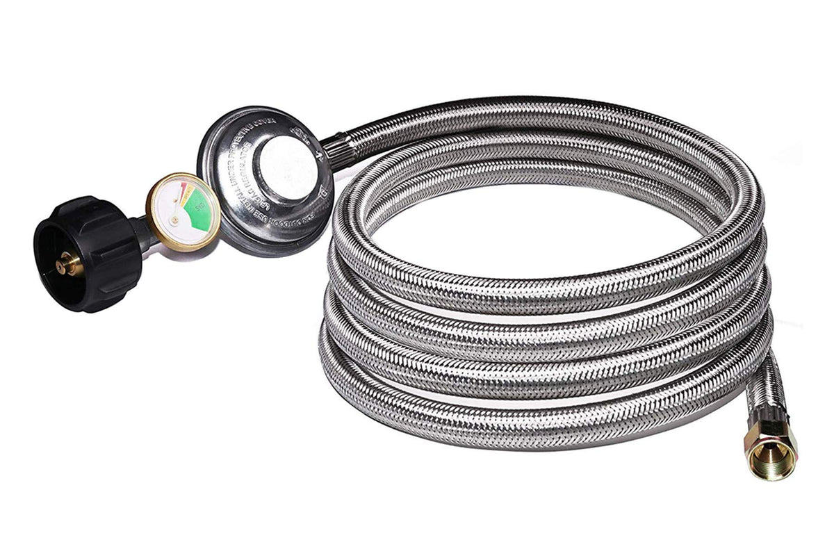 DOZYANT front view of regulator hose with gauge, shows durable connection and easy reading