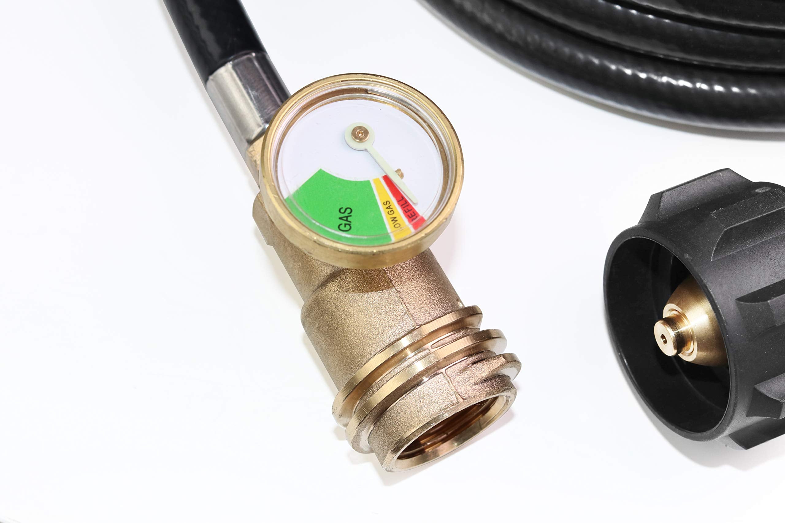 DOZYANT gauge close-up displaying readable level while propane flows
