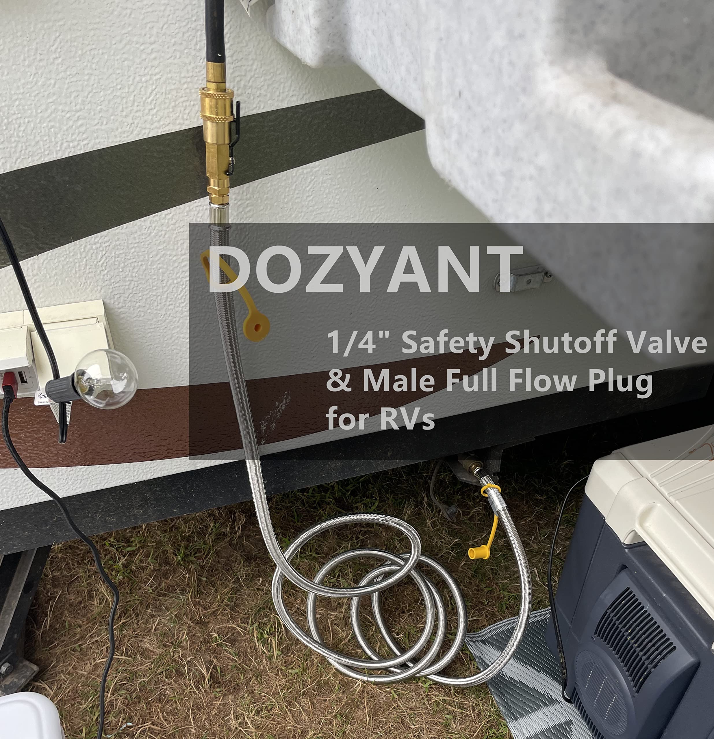 DOZYANT hose stretched beside measuring tape showing 12 ft reach for flexible placement