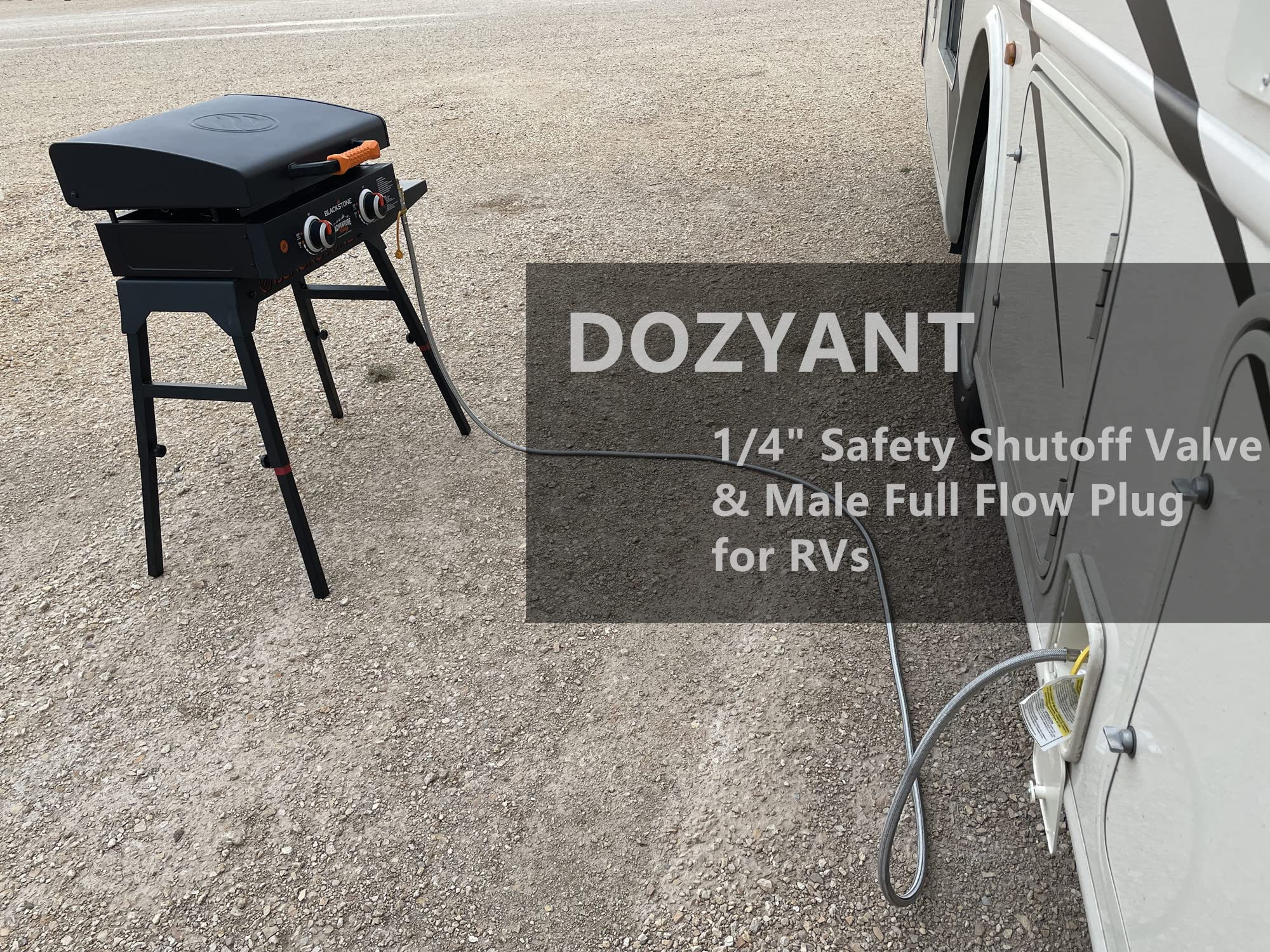 DOZYANT hose at campsite connecting RV to grill illustrating convenient outdoor use