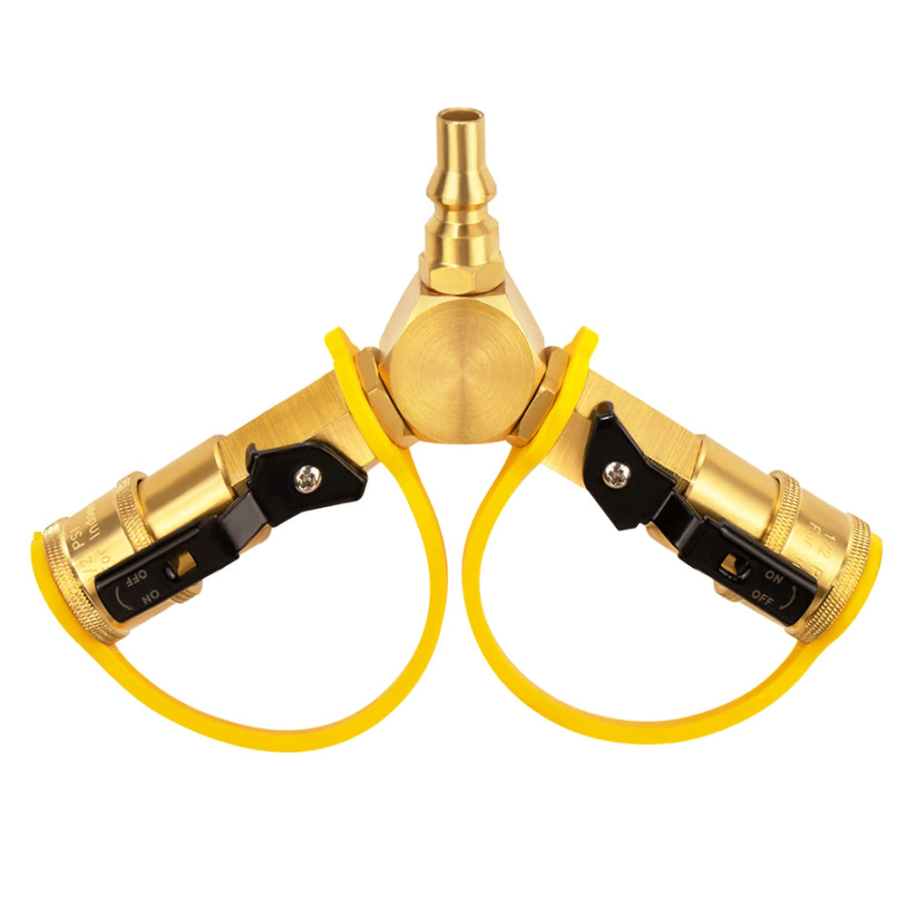 DOZYANT Y-splitter front view showing dual quick-connects for versatile hookups