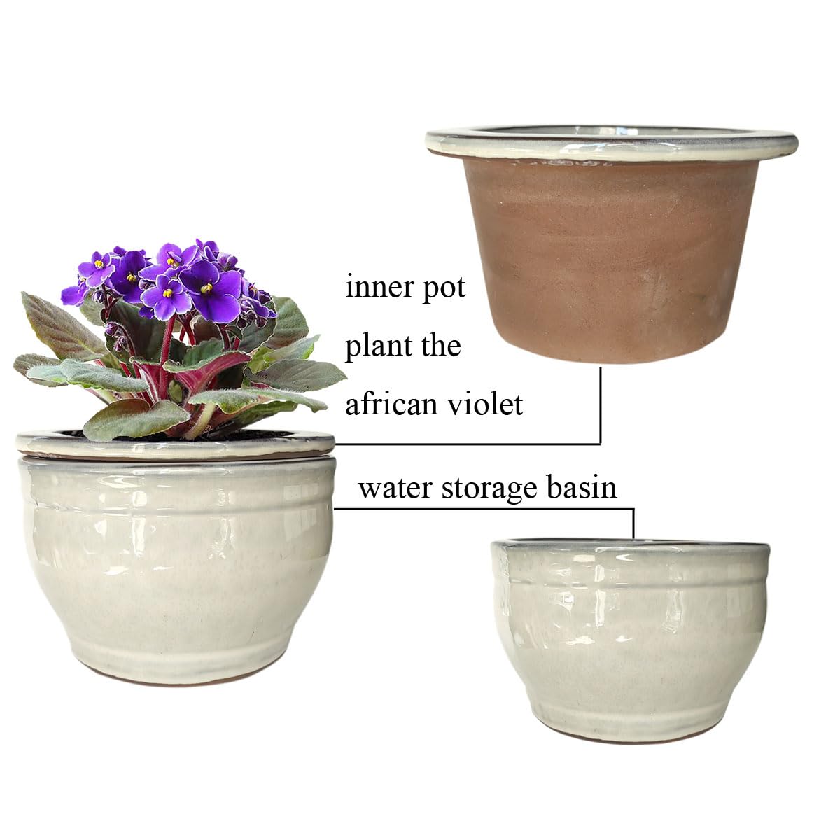 Dphagesy pot-in-pot side cutaway demonstrating self-watering reservoir function