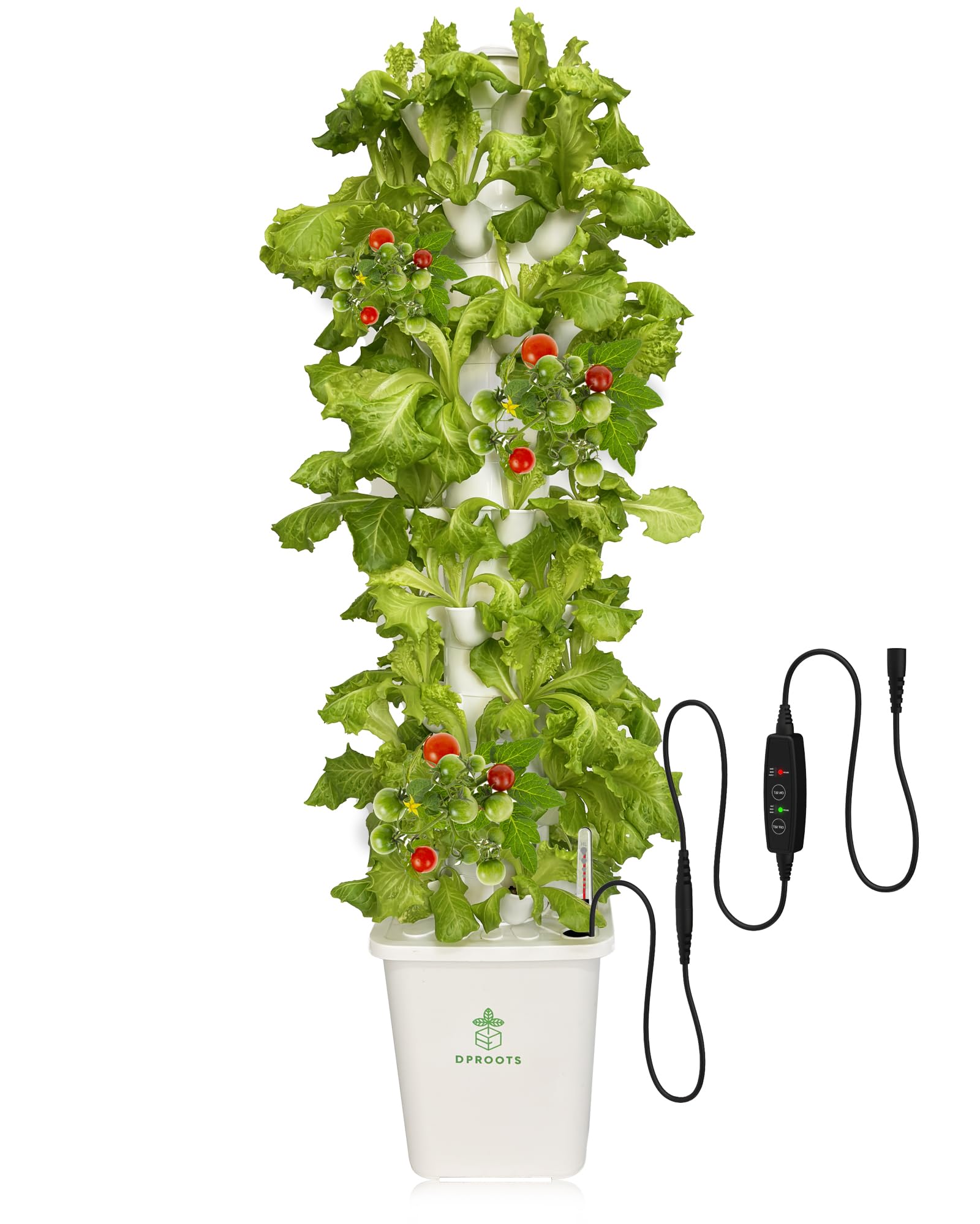 DPROOTS vertical tower front view showing full 45‑pod system and compact footprint