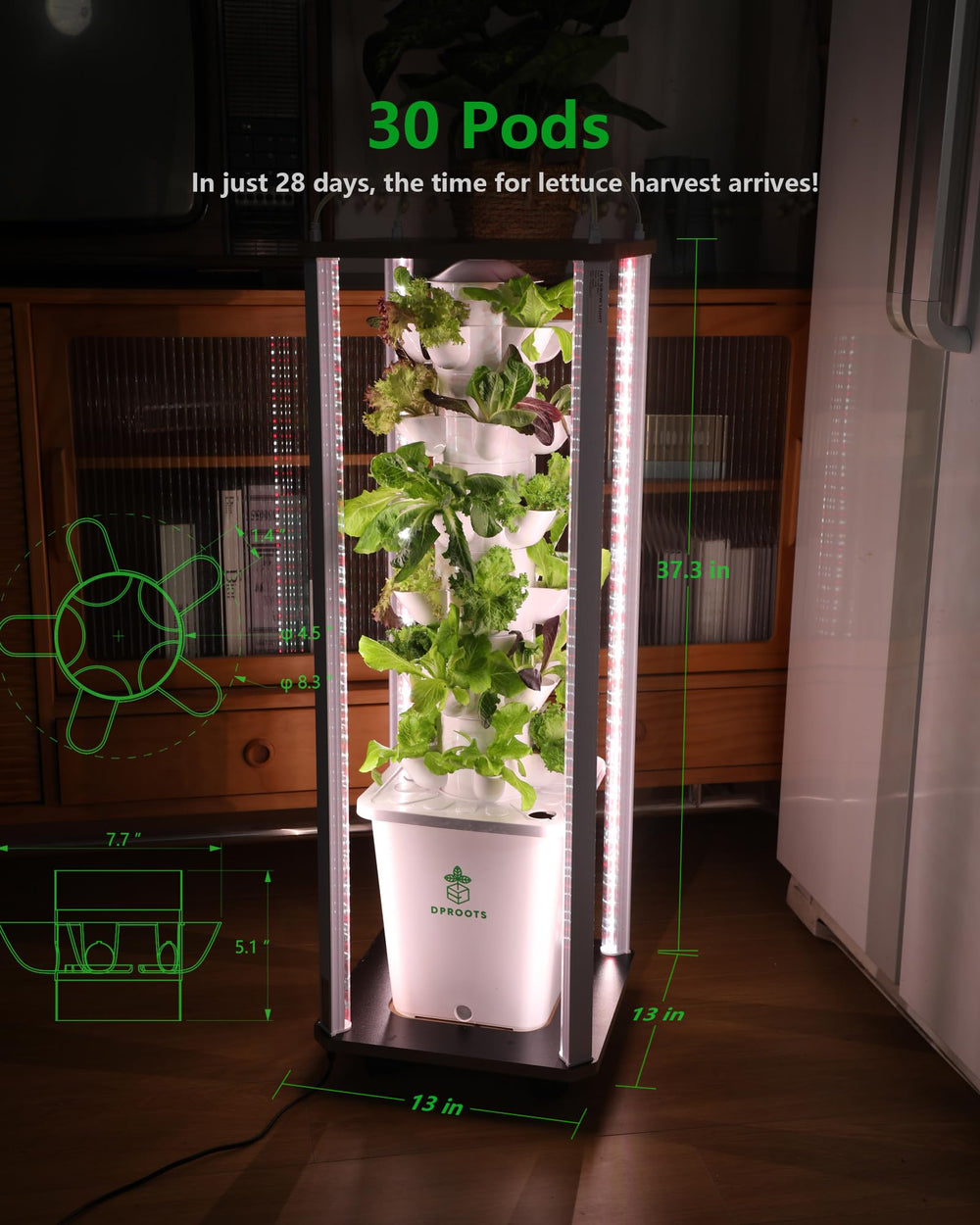 DPROOTS closeup of 290 full‑spectrum LEDs providing fast growth