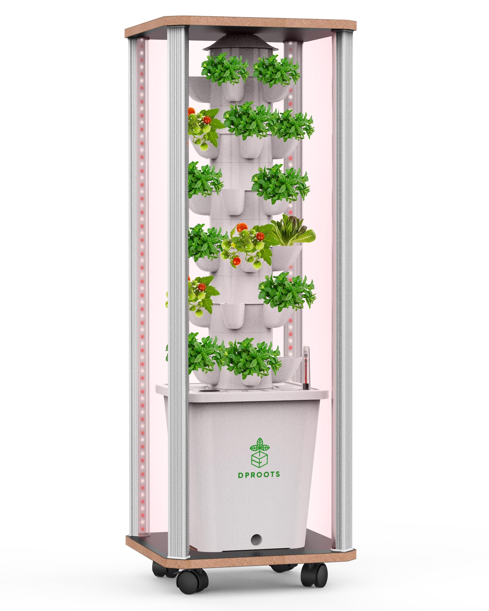 DPROOTS tower front view showing compact 30‑pod vertical grow benefit