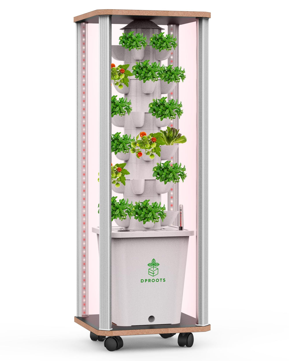DPROOTS tower front view showing compact 30‑pod vertical grow benefit