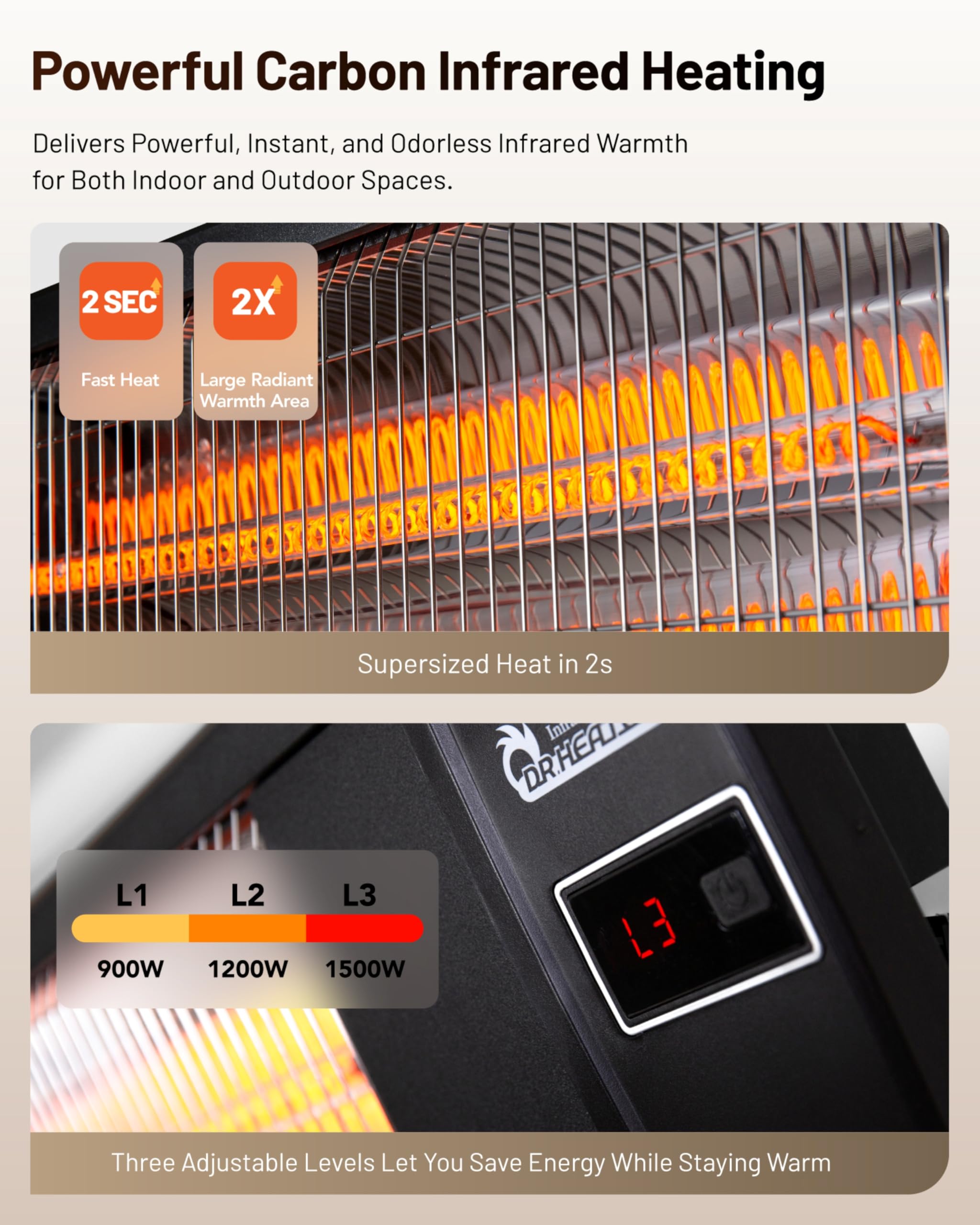 DR. INFRARED HEATER ceiling mounted in a garage delivering directed heat