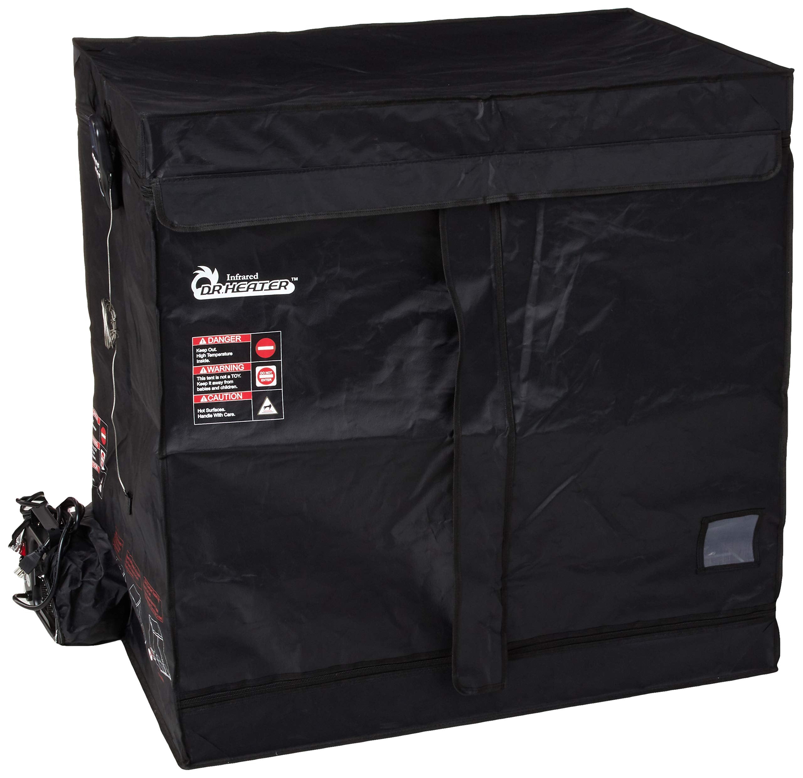 DR. INFRARED HEATER front view of tent showing full enclosure and zipper, demonstrating portability