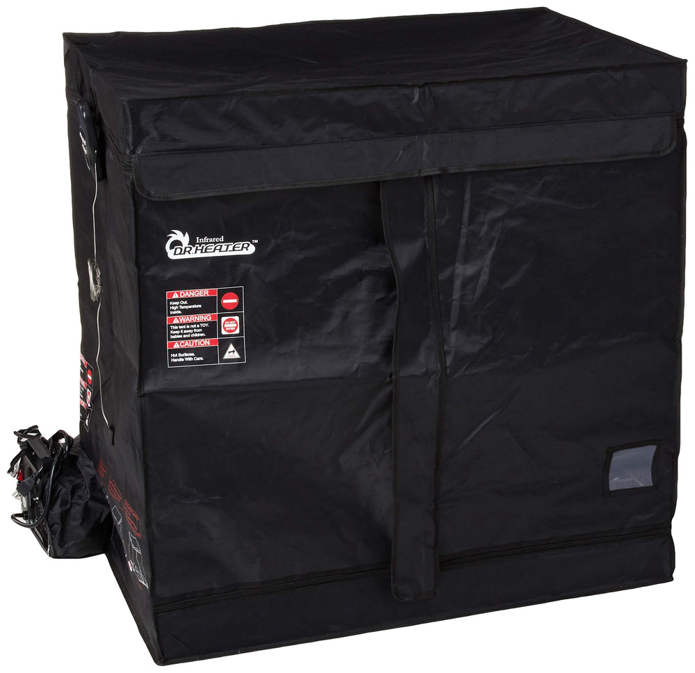 DR. INFRARED HEATER front view of tent showing full enclosure and zipper, demonstrating portability