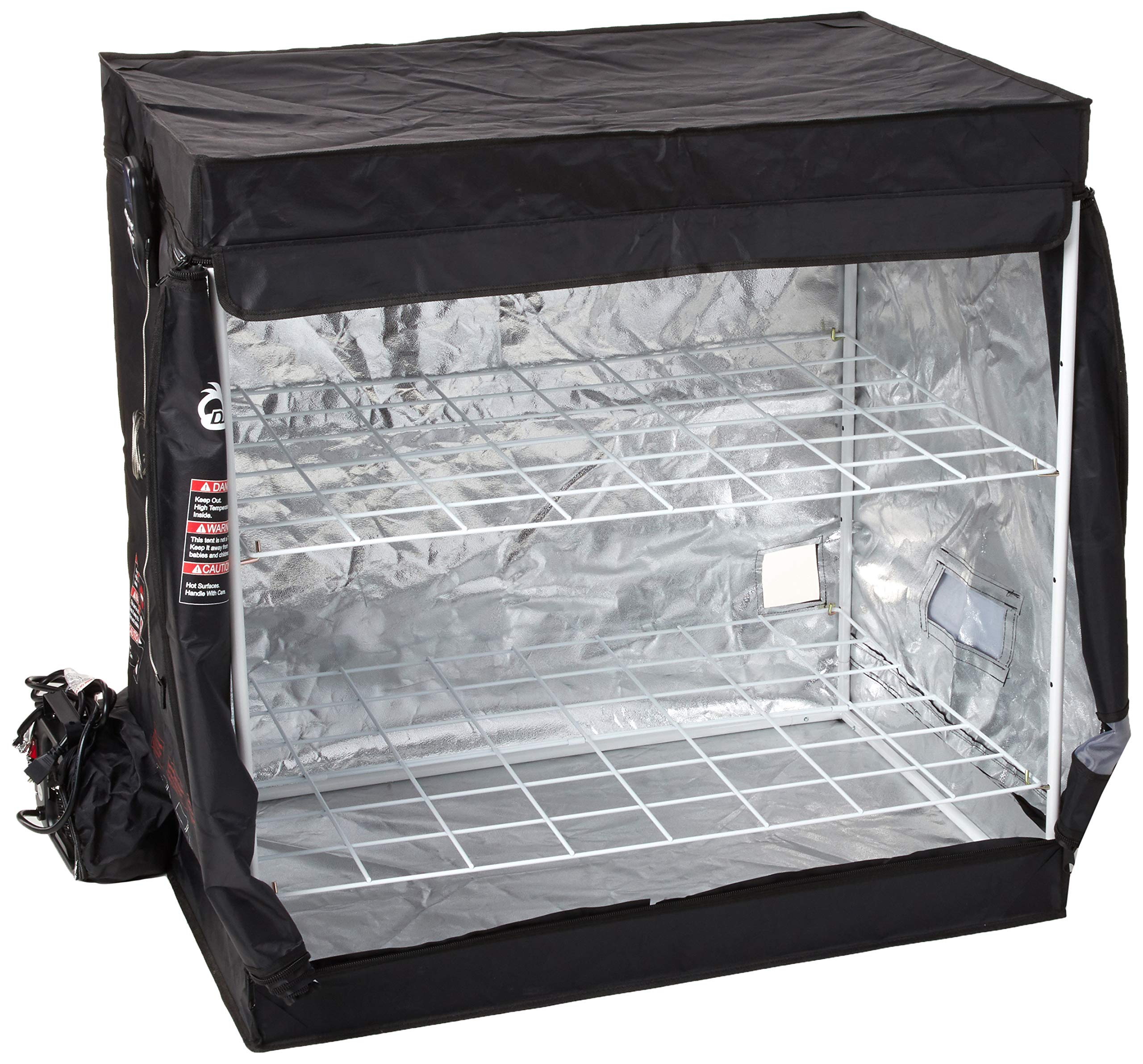 DR. INFRARED HEATER close-up of 2-tier steel rack holding folded bedding, showing organized loading