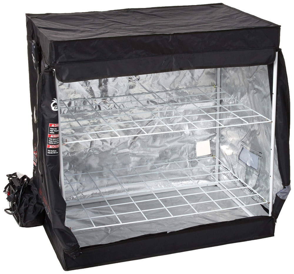 DR. INFRARED HEATER close-up of 2-tier steel rack holding folded bedding, showing organized loading