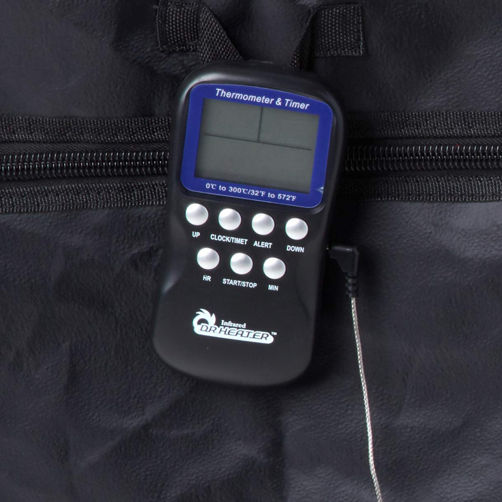 DR. INFRARED HEATER thermometer and timer display on unit, showing temperature monitoring and alarm