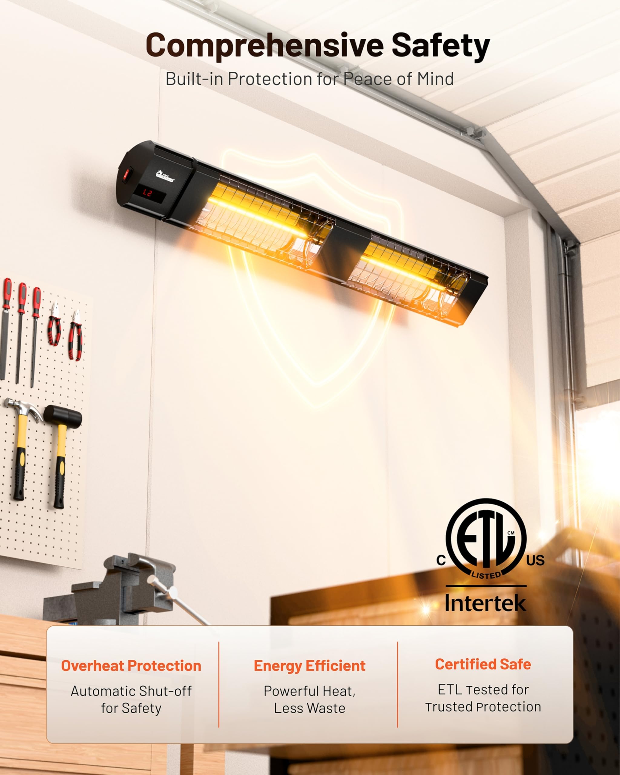 DR. INFRARED HEATER IP55 label close-up highlighting weatherproof protection benefits