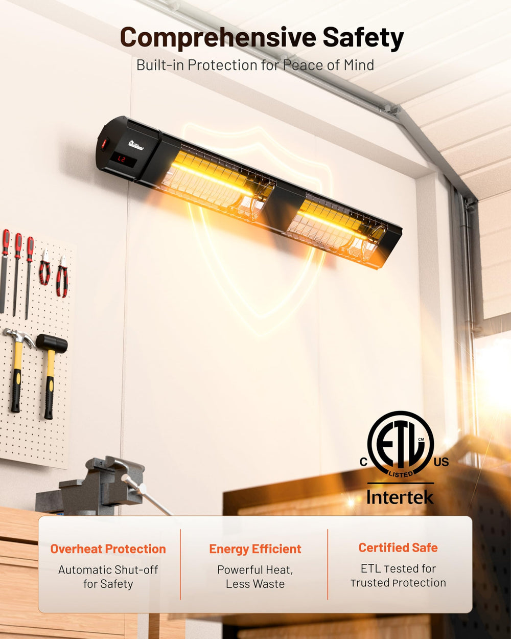 DR. INFRARED HEATER IP55 label close-up highlighting weatherproof protection benefits