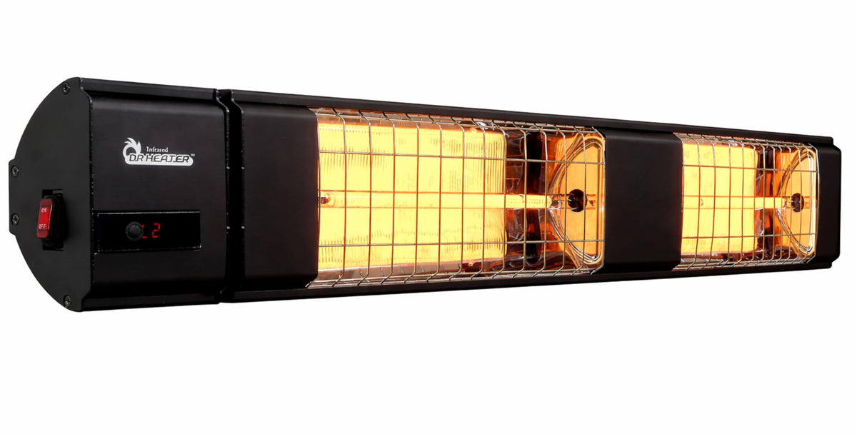 DR. INFRARED HEATER front view showing sleek anodized aluminum and stable heat output