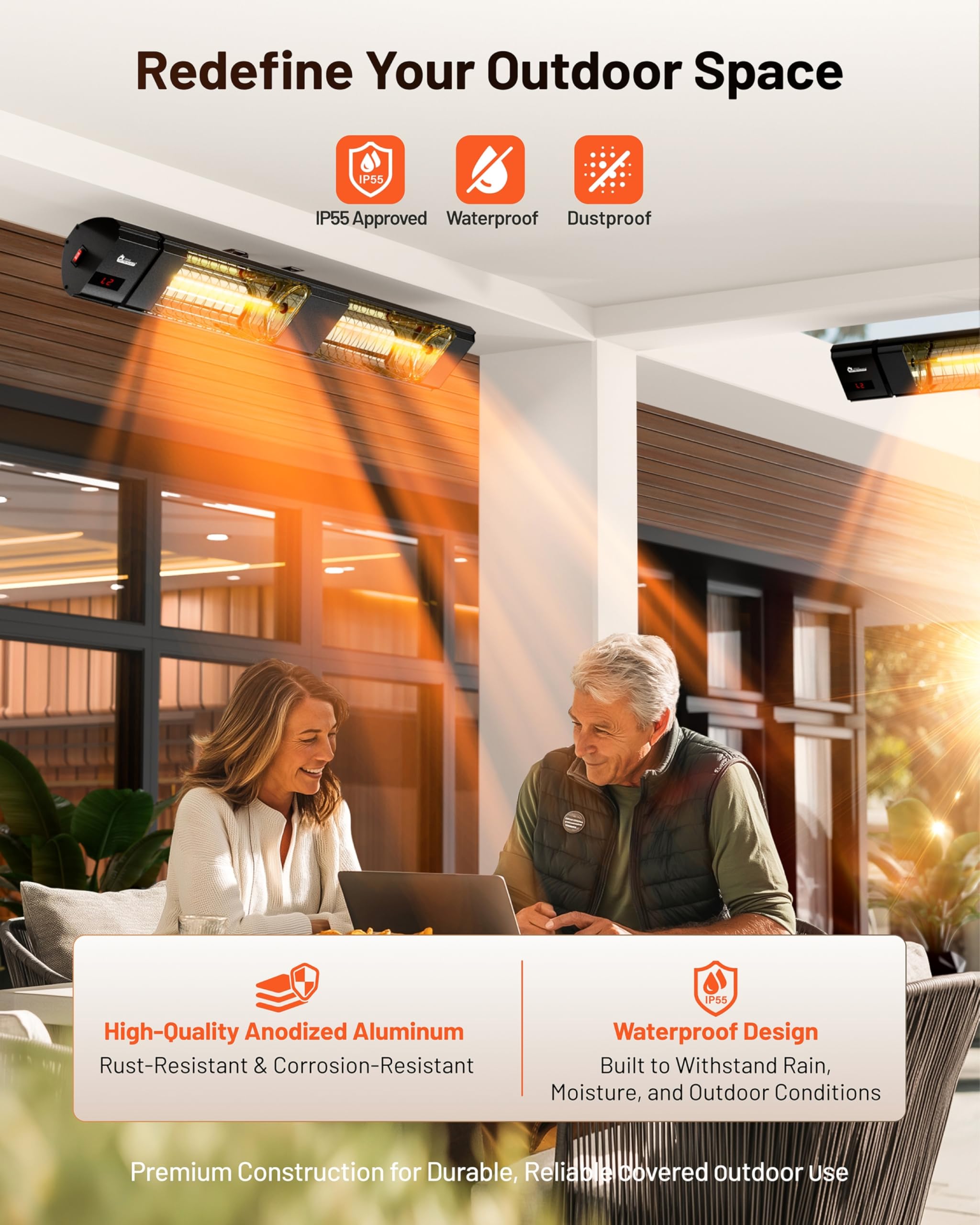 DR. INFRARED HEATER over a restaurant terrace illustrating commercial outdoor heating use