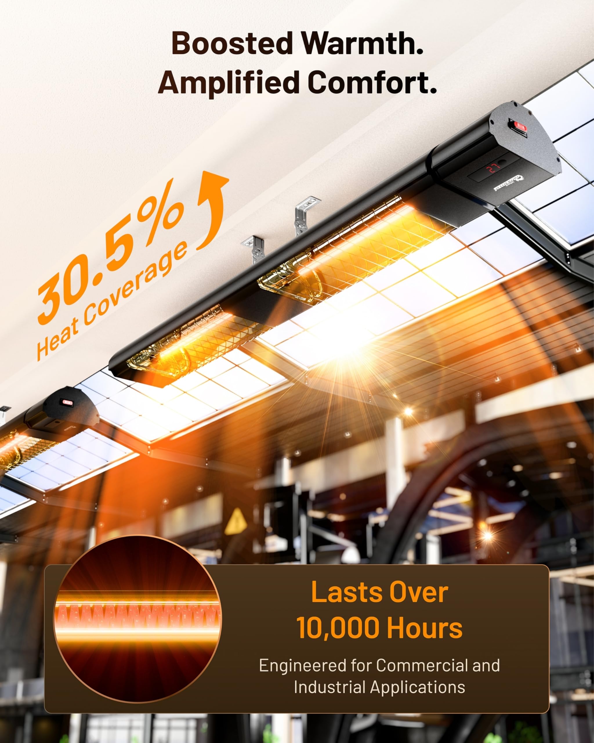 DR. INFRARED HEATER mounted on a patio ceiling delivering focused warmth to seating area