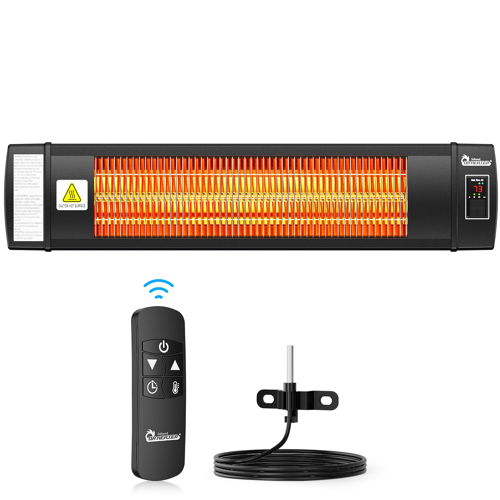 DR. INFRARED HEATER front view showing compact design and outlet-ready mount benefit