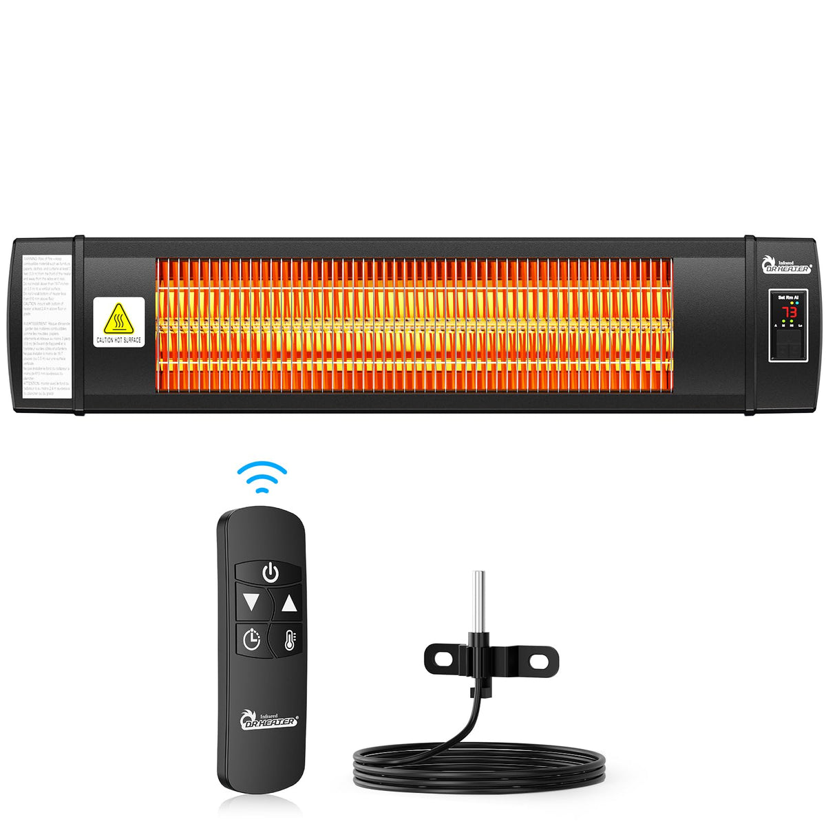 DR. INFRARED HEATER front view showing compact design and outlet-ready mount benefit